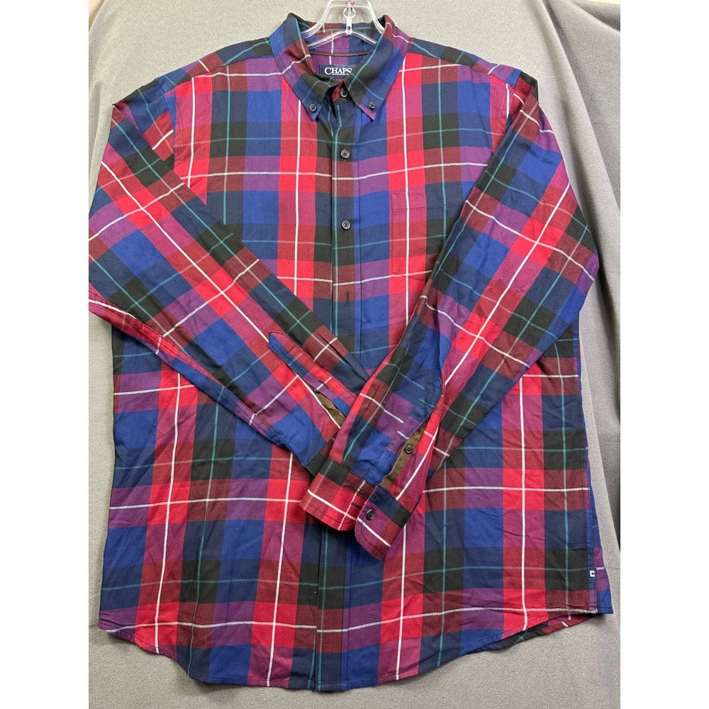 Chaps Men's Easy Care Twill Plaid Button Down Shirt Red Blue Green Large